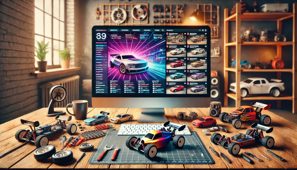 Computerbildschirm mit einem aktiven RC-Forum, umgeben von Modellbauzubehör, Werkzeugen und einem kleinen RC-Auto in einer modernen Schreibtischumgebung.