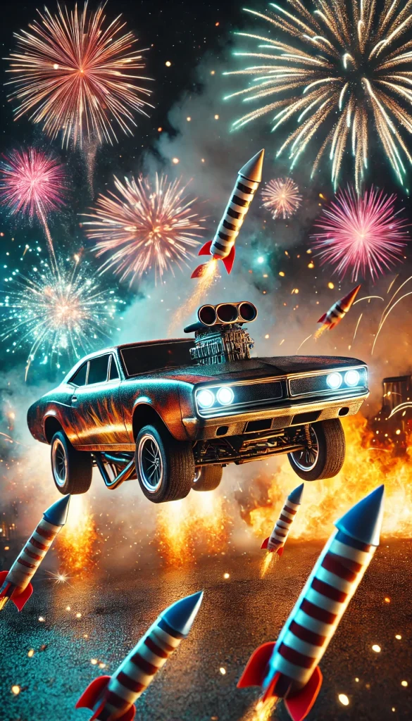 Ein RC Muscle Car fliegt dynamisch durch die Luft, während Raketen und Böller aus ihm herausschießen. Silvester-Feuerwerk und Flammen erleuchten den Nachthimmel.