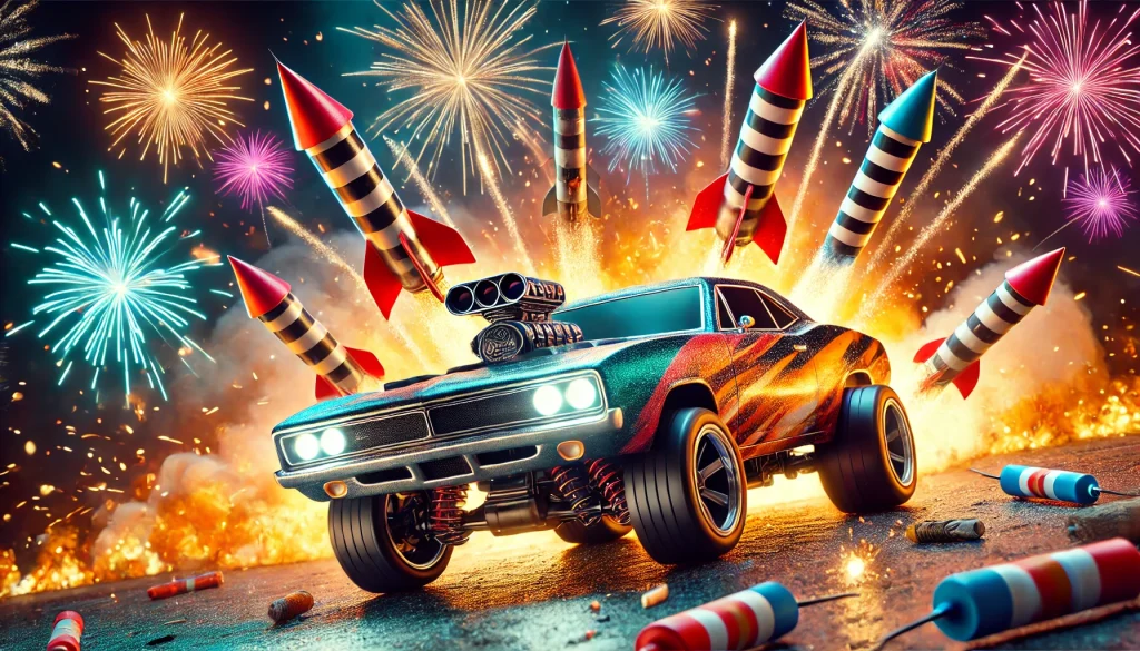 Ein RC Muscle Car fliegt durch die Luft, während Raketen und Feuerwerkskörper aus ihm herausschießen. Silvester-Feuerwerk und funkelnde Explosionen füllen den Nachthimmel.