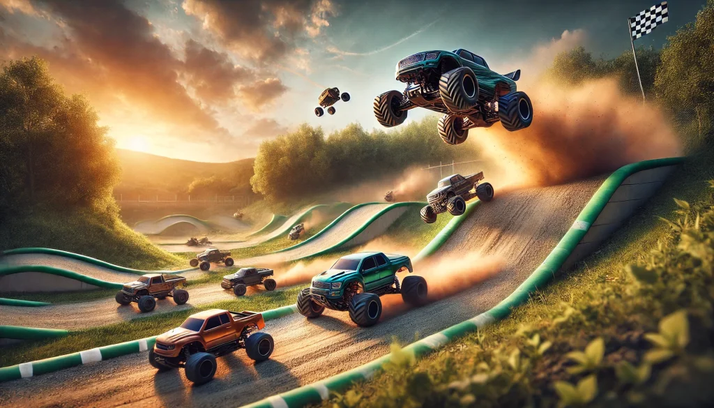 RC Autos bei einem actionreichen Rennen auf einer vielseitigen Strecke mit Asphalt, Schotter und Grünflächen, umgeben von Natur und Abendsonne.