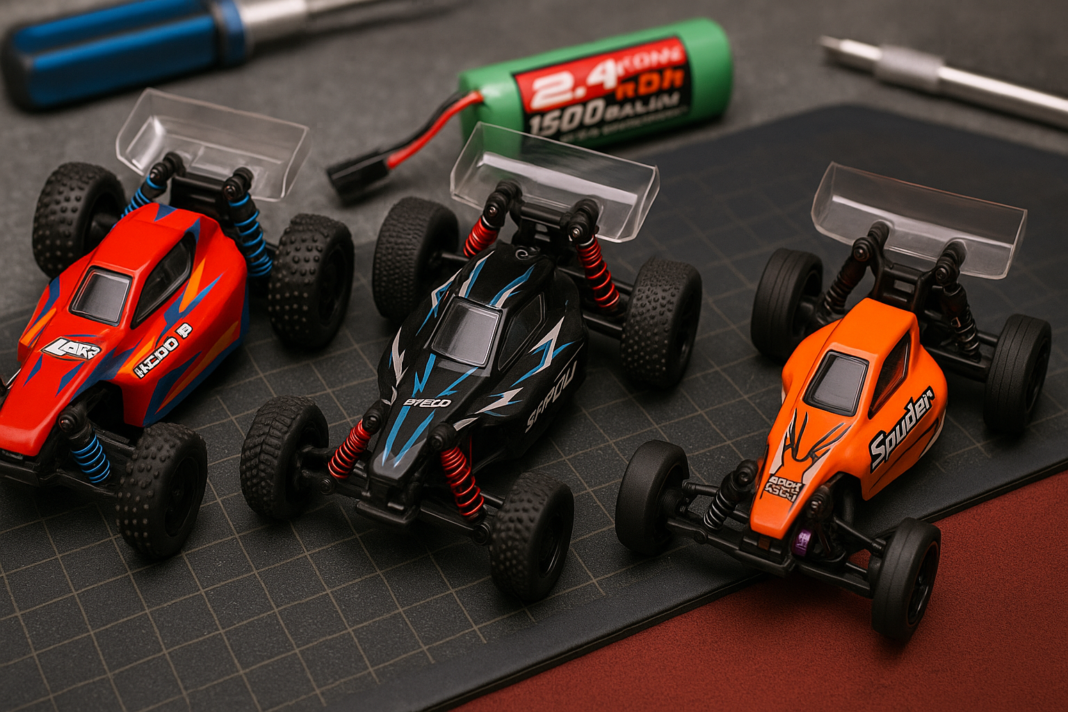 Vergleich Losi Micro B vs WLtoys 244016 vs Serpent Mini Spyder – drei Micro-RC-Buggys 2026 auf Werkbank im technischen Detailvergleich