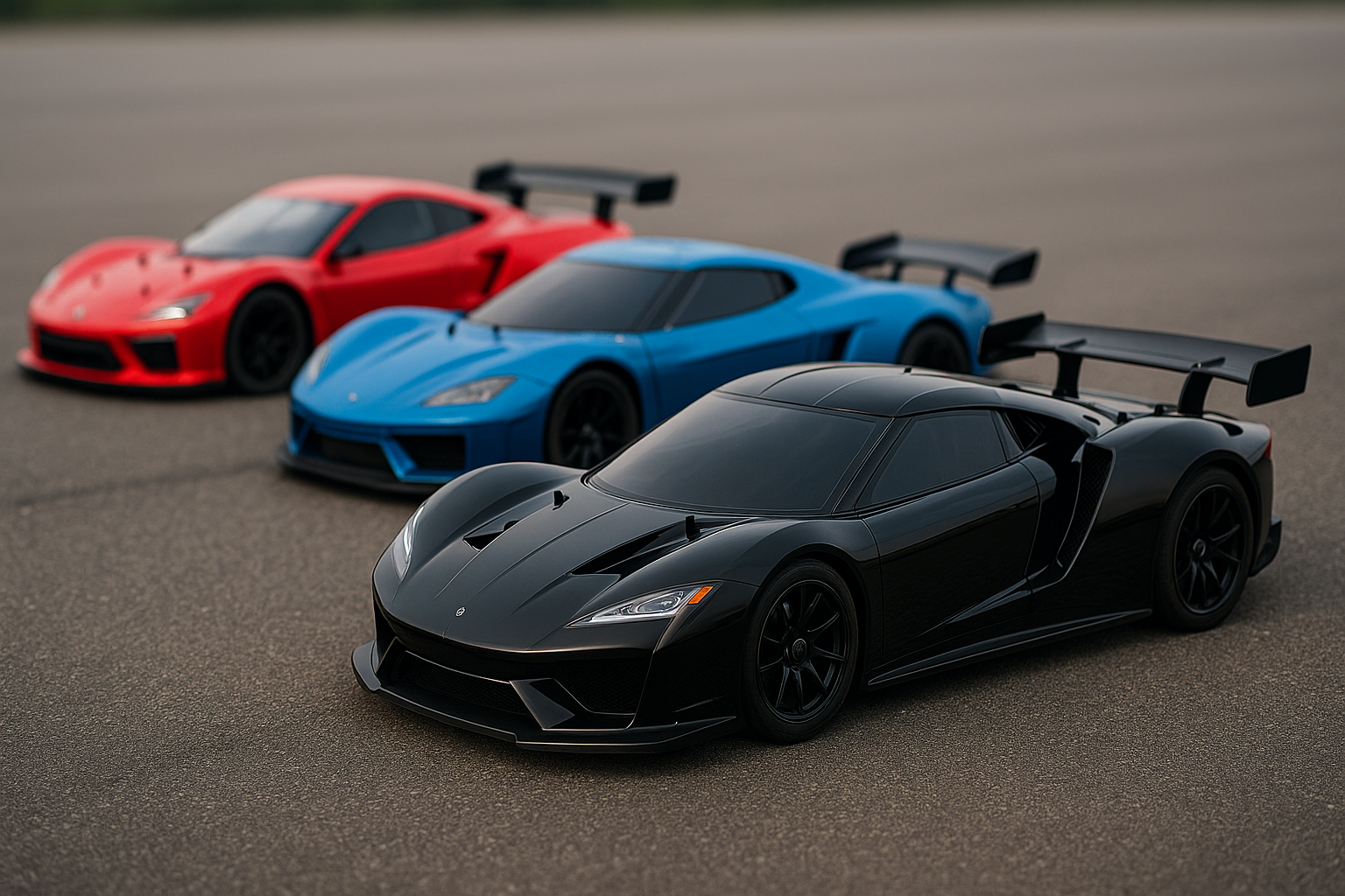 Drei realistische RC-Supersportwagen stehen auf Asphalt in der Sonne, angeführt von einem schwarzen Modell mit Spoiler – Symbol für Geschwindigkeit.