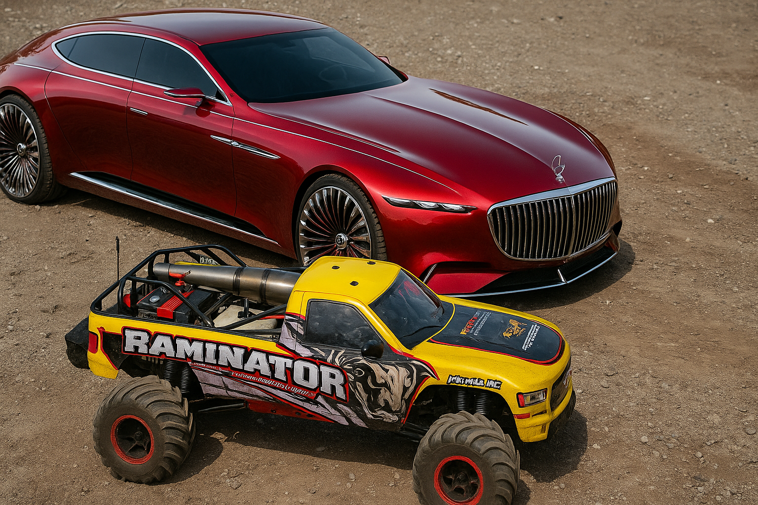Der gelbe RC Monster Truck Primal RC Raminator steht vor dem roten Mercedes-Maybach 6 – das größte ferngesteuerte Auto der Welt trifft auf das größte RC-Modell im Hobbybereich.